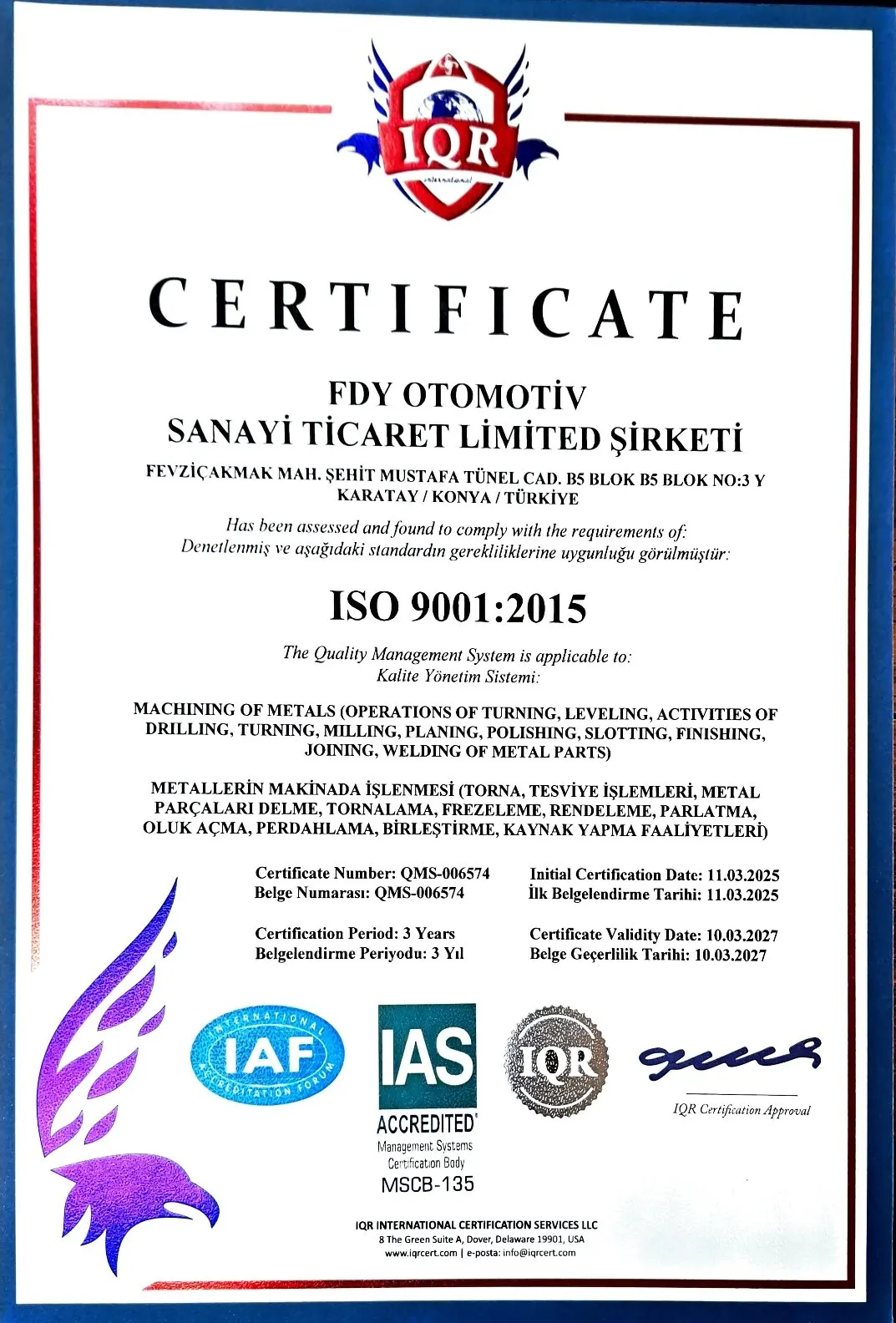 Certificat ISO FDY Automotive — photo 1