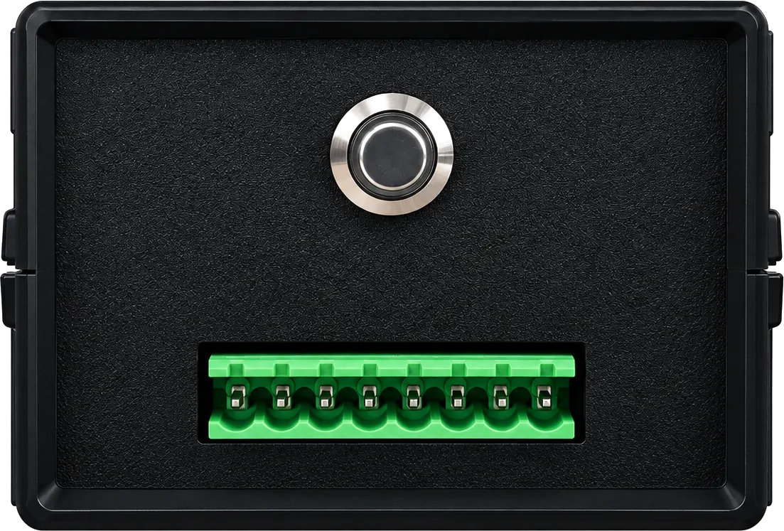 Face E/S de la FDY Black Box avec bouton-poussoir inox et connecteur vert à 8 broches